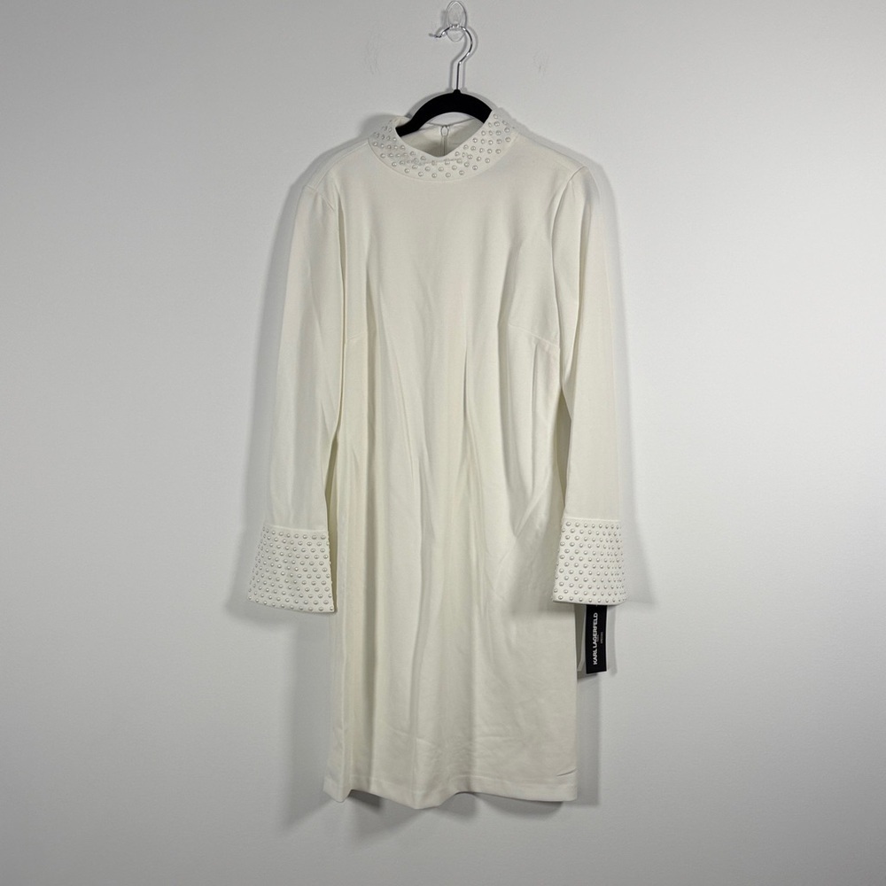 NWT  Karl Lagerfeld Paris Pearl Mock-Neck Bell-Sleeve Dress